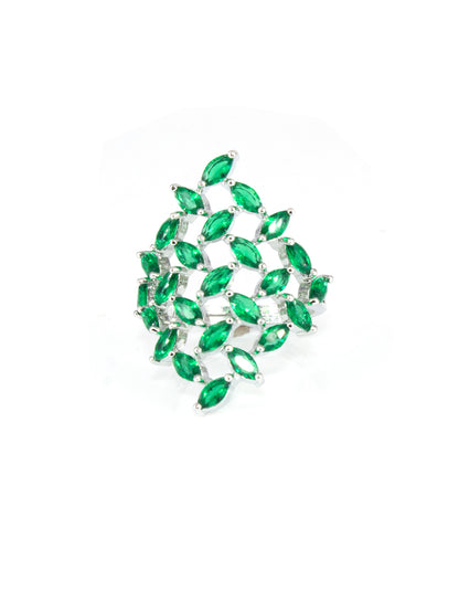 Silver Plated Green Petal AD Adjustable Ring For Women