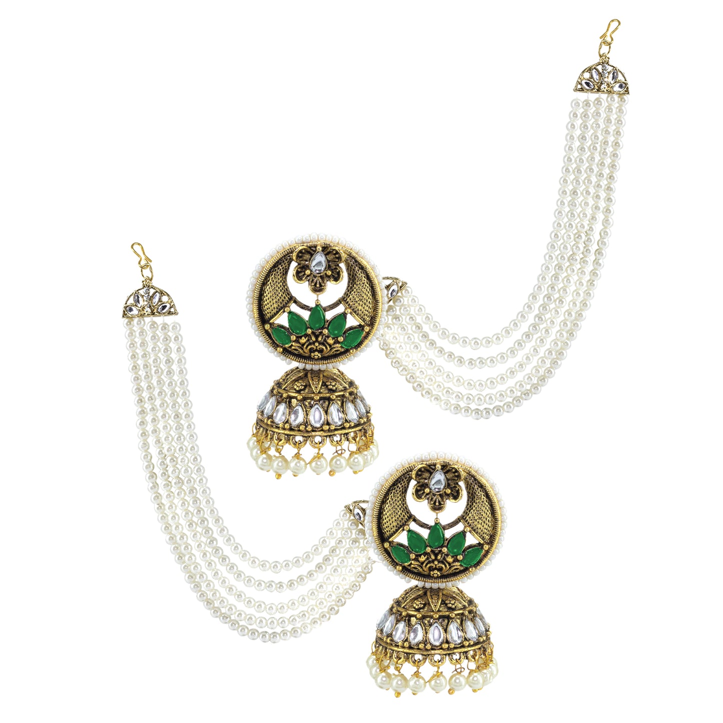 Gold-Plated Green Traditional Jhumka Earrings With Ear Chain