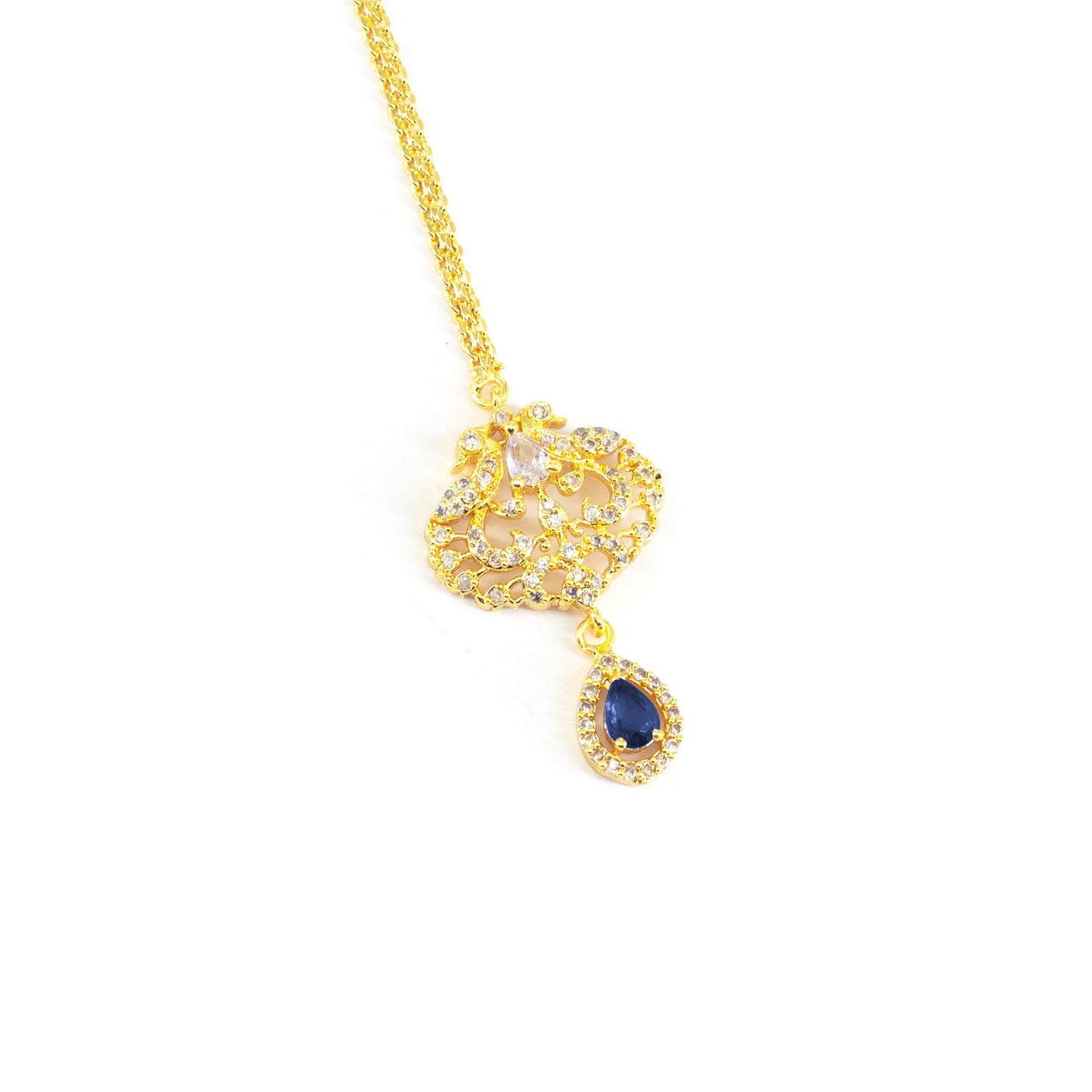 Gold Plated Blue AD Peacock Maang Tikka for Women