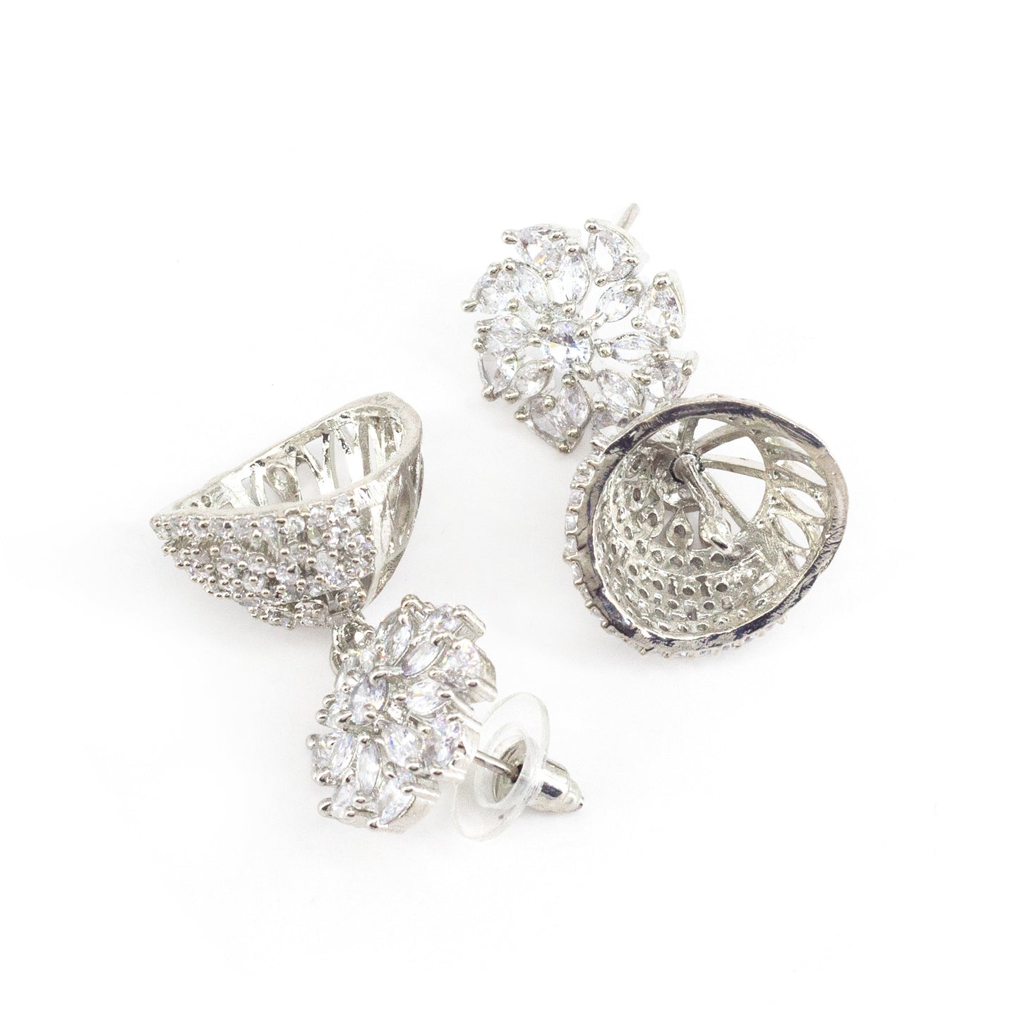 Silver Plated American Diamond Floral Diamond Jhumka Earrings for Women