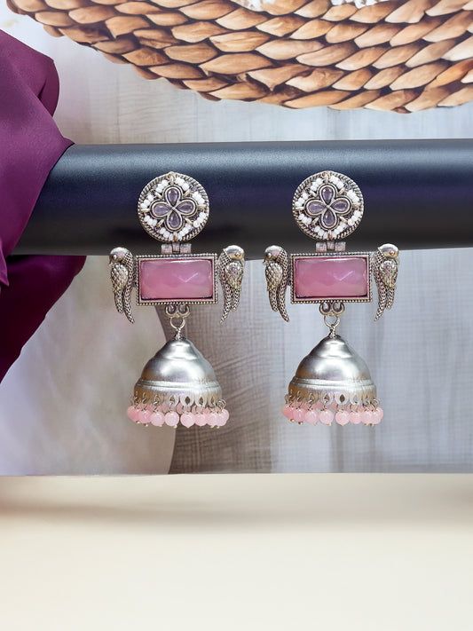 Pink Floral Bird Monalisa Stone Jhumka Earrings