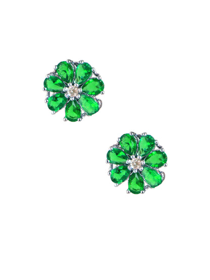 Silver Plated Green Floral AD Stud Earrings For Women