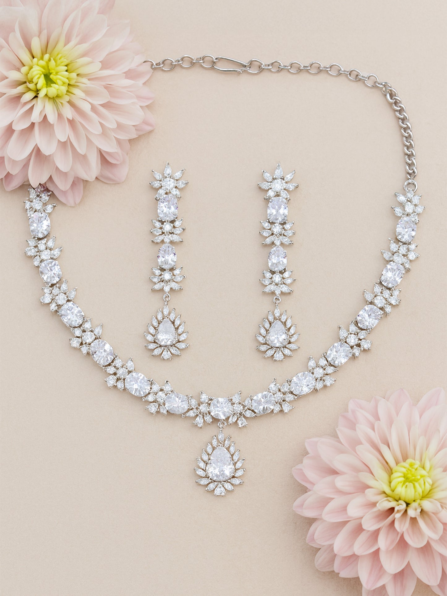 American Diamond Floral Design White Drop Jewellery Set For Women And Girls