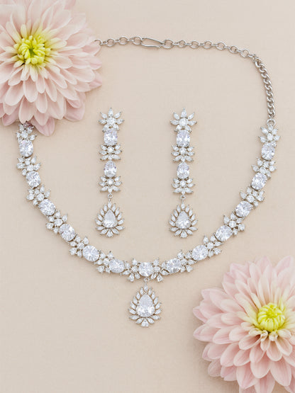 American Diamond Floral Design White Drop Jewellery Set For Women And Girls