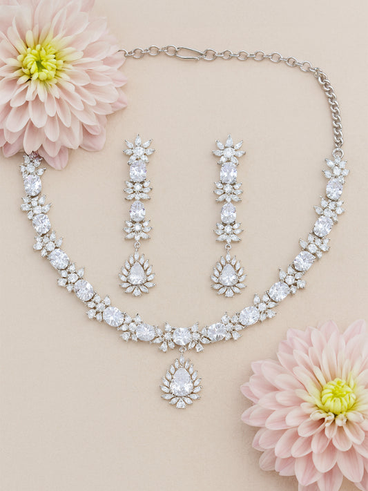 American Diamond Floral Design White Drop Jewellery Set For Women And Girls