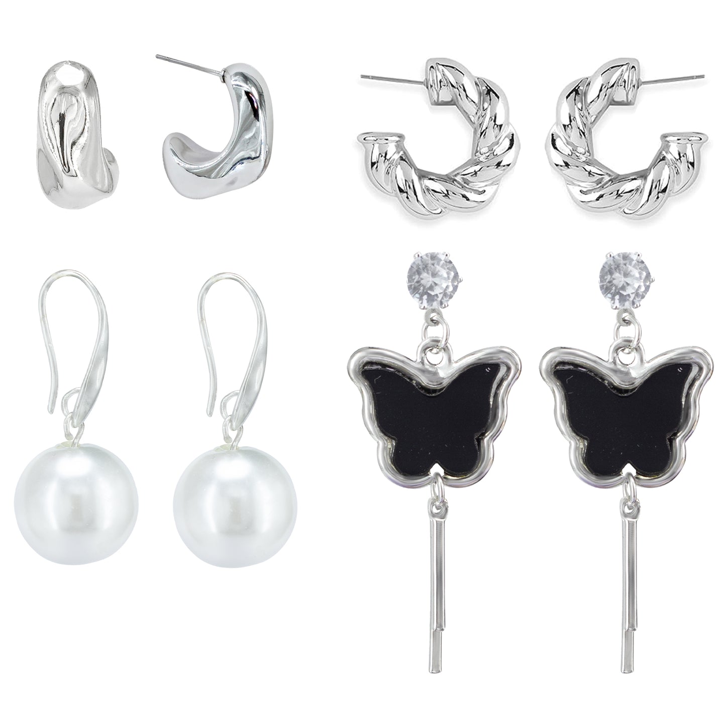 Set of 4 Silver-Plated Quirky Half Hoop & Drop Earrings