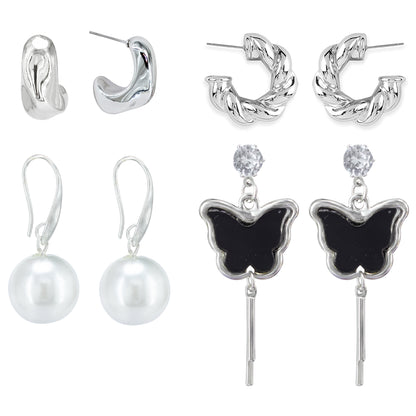 Set of 4 Silver-Plated Quirky Half Hoop & Drop Earrings