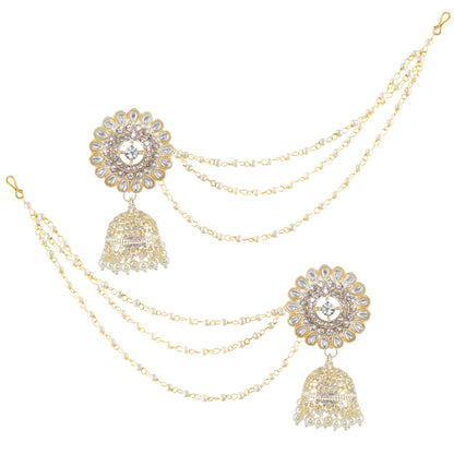 Floral Kundan-Studded & Beads Drop Jhumka Earrings With Ear Chain