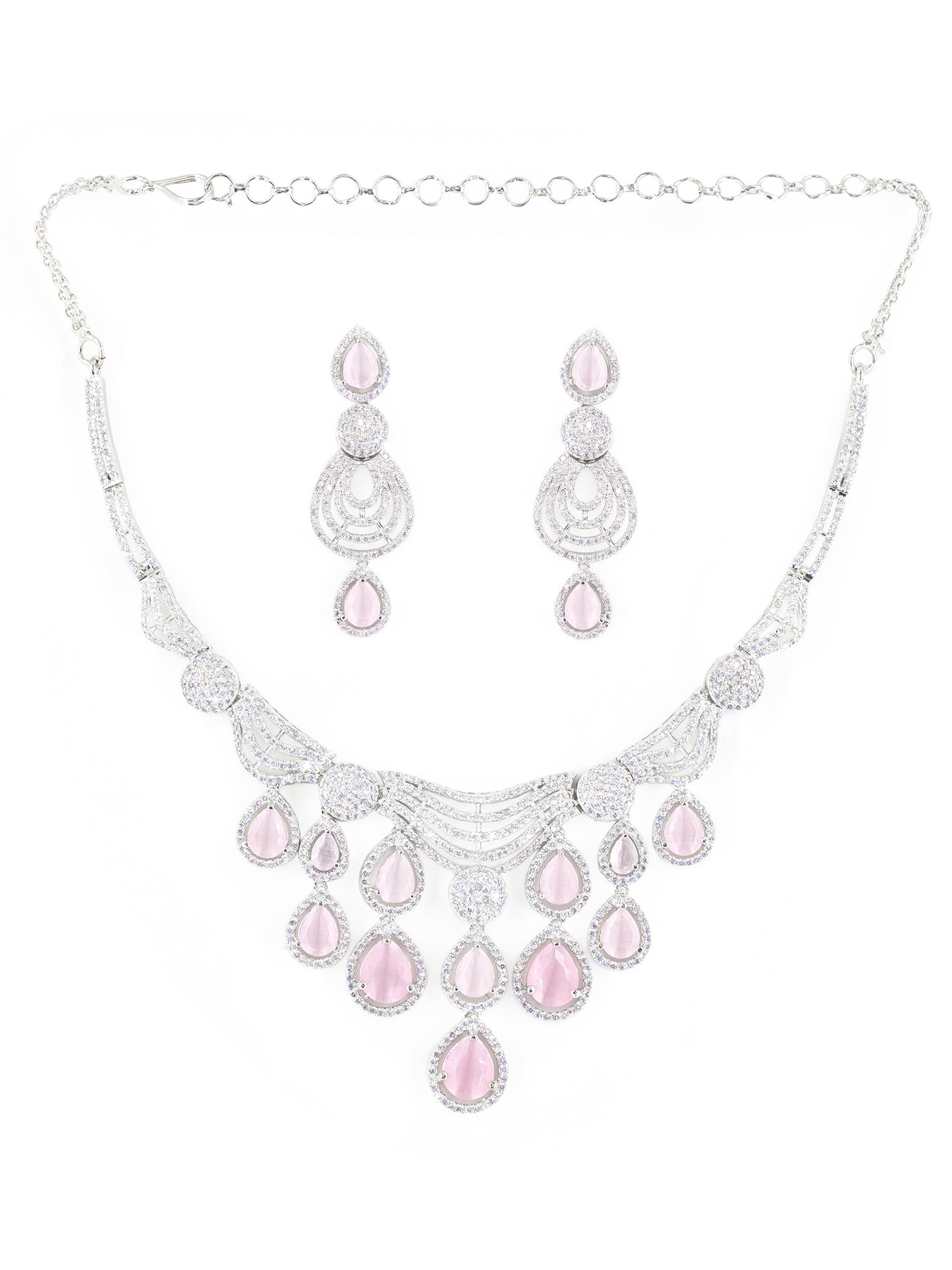 Silver Plated Pink & White AD Designer Jewellery Set
