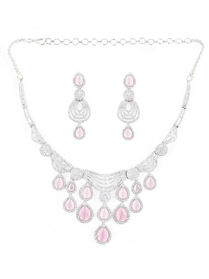 Silver Plated Pink & White AD Designer Jewellery Set