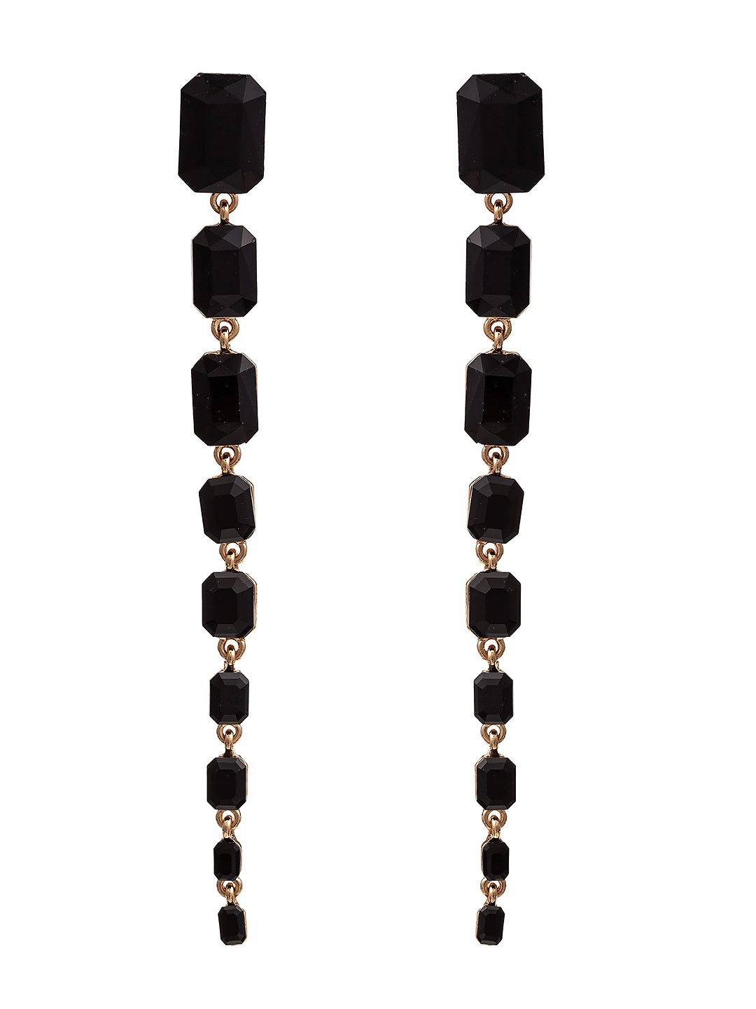 Gold Plated Black Crystal Stones Studded Long Drop Earrings