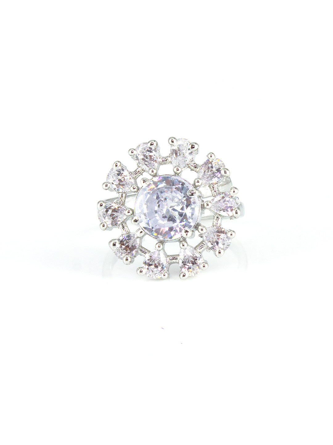 Silver Plated Floral AD Adjustable Ring For Women