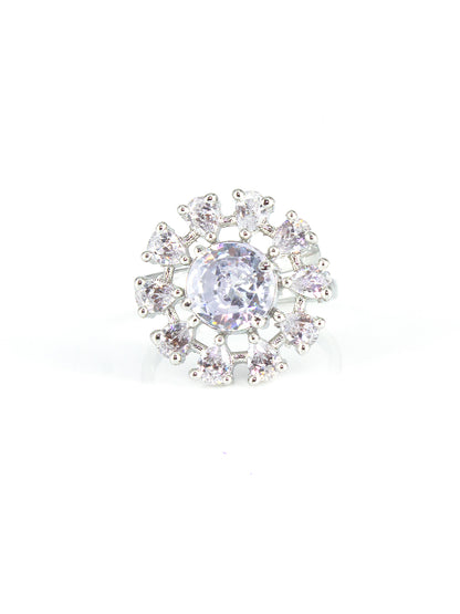 Silver Plated Floral AD Adjustable Ring For Women