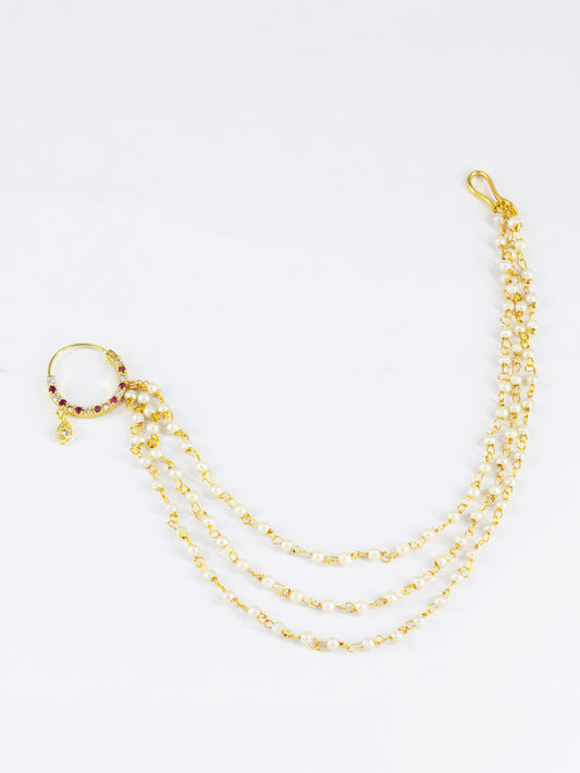 Gold Plated Red AD Nose Ring with 3 line Pearl Chain
