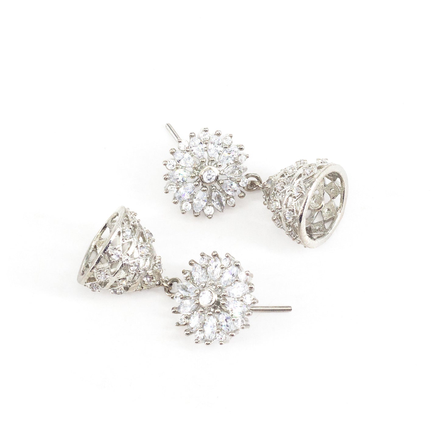 Silver Plated American Diamond Floral Jhumka Earrings for Women