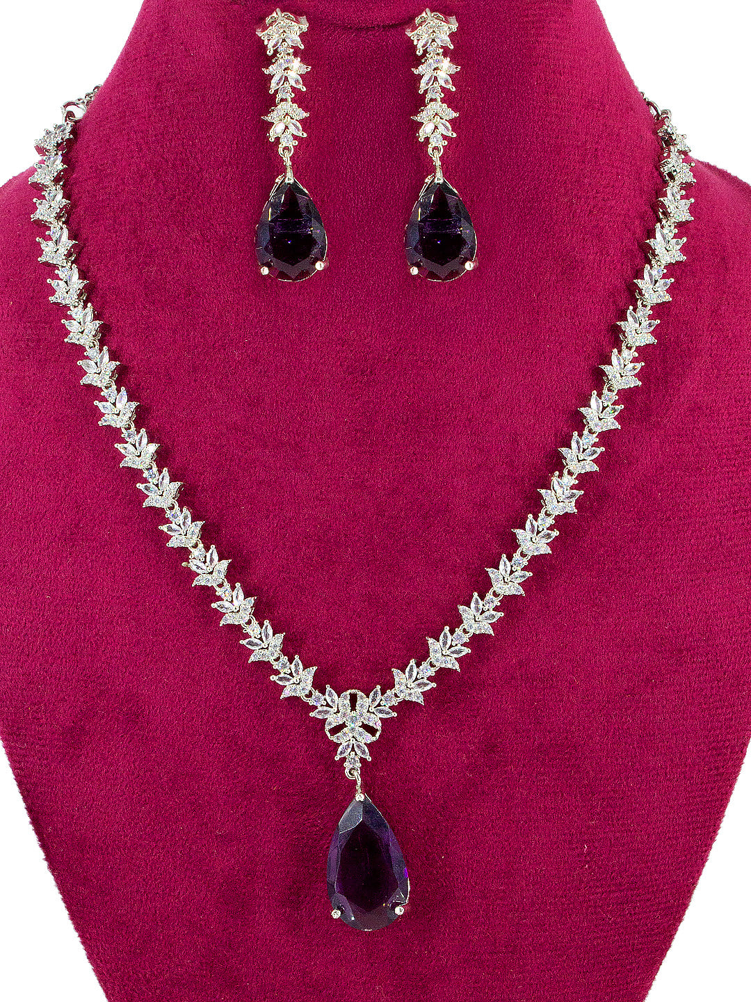 American Diamond Floral Design Purple Drop Jewellery Set For Women And Girls