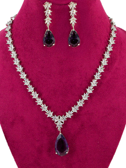 American Diamond Floral Design Purple Drop Jewellery Set For Women And Girls