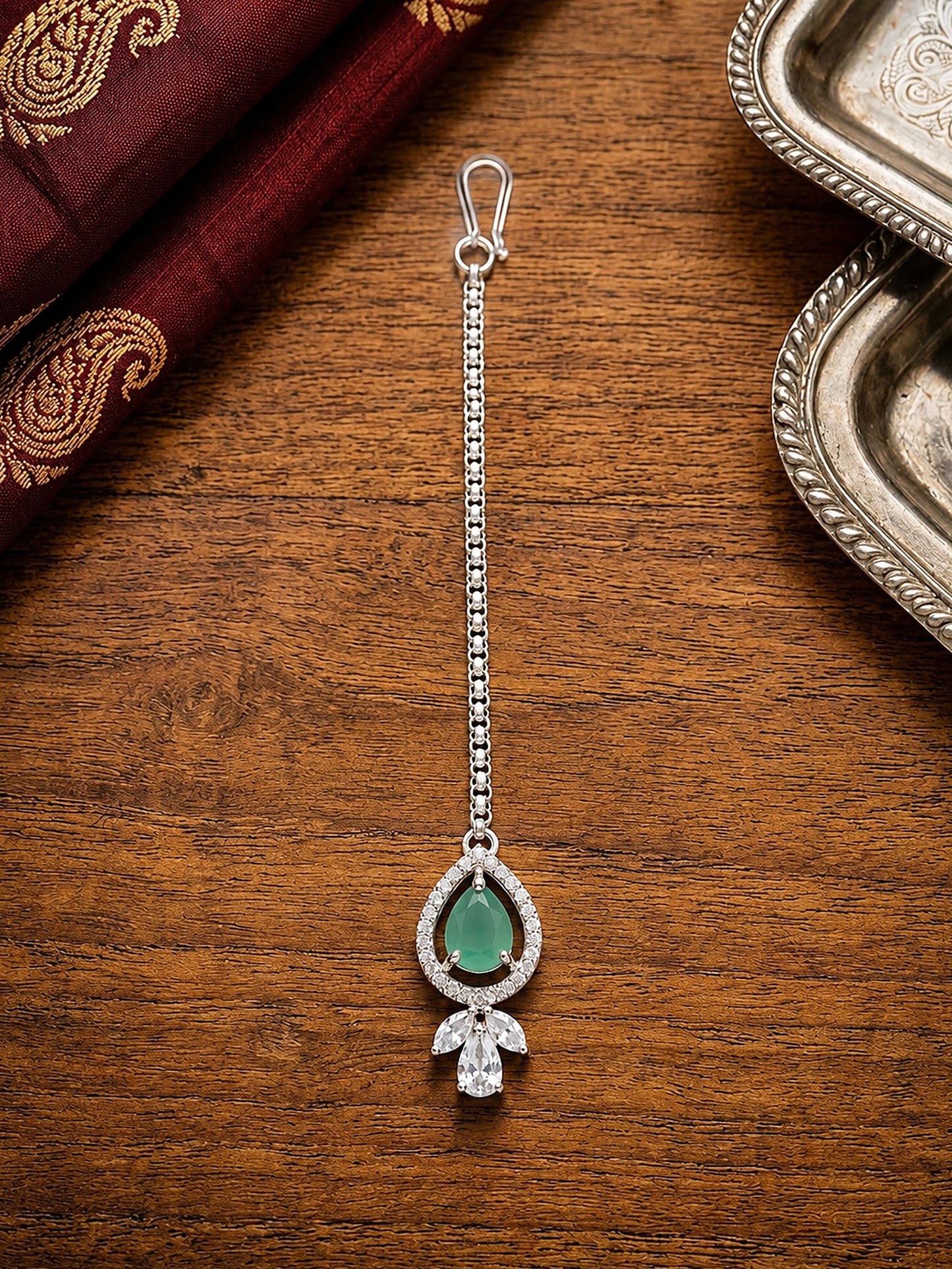 Silver Plated Mint Green AD Maang Tikka for Women