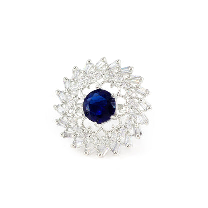Silver Plated Blue AD Floral Adjustable Ring for Women