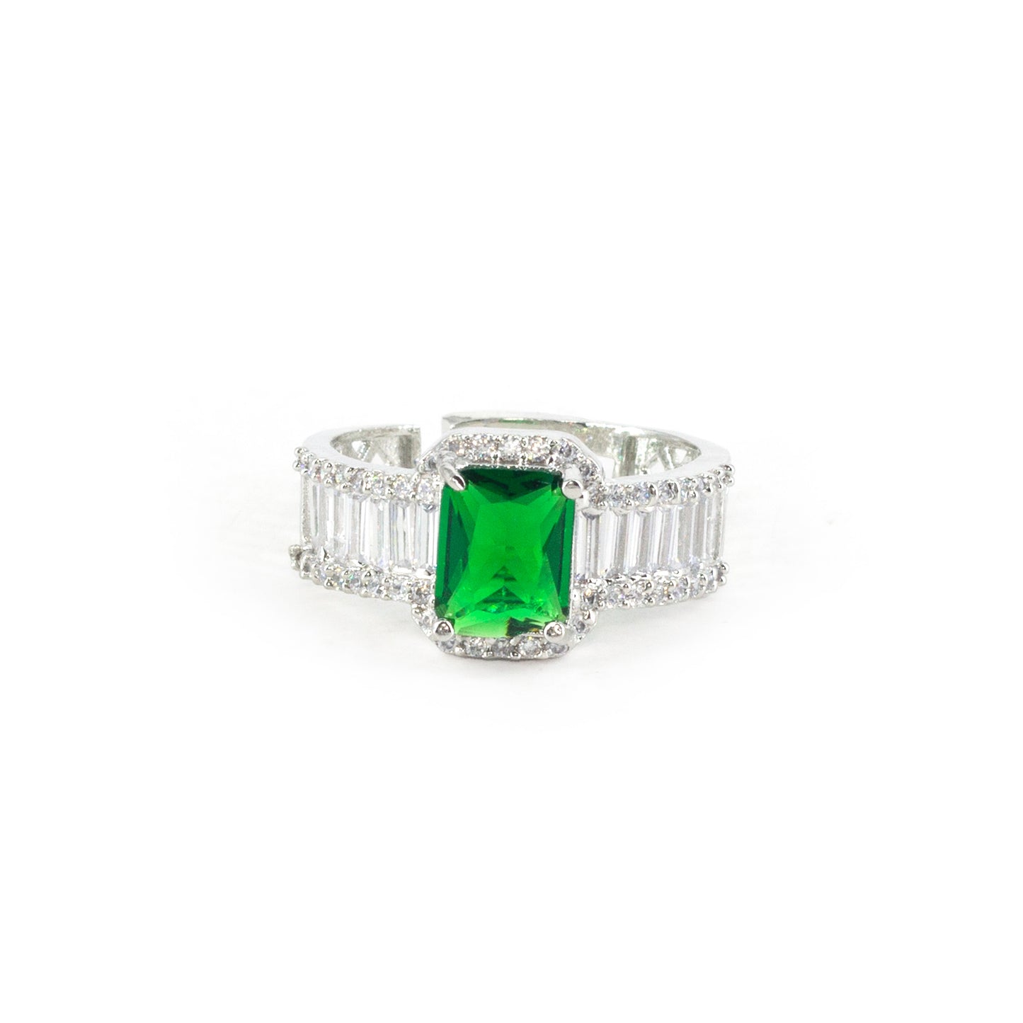 Silver Plated Green American Diamond Adjustable Ring for Women