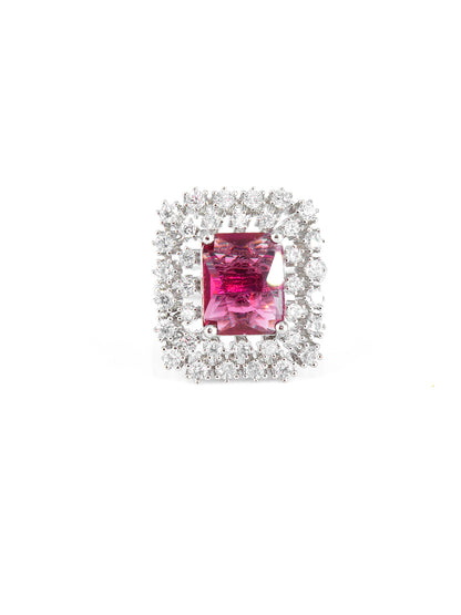 Silver Plated Red Square AD Adjustable Ring For Women