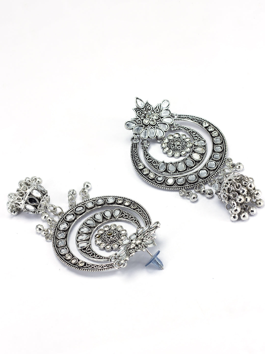 Silver Oxidised Mirror Studded Chandbali Jhumka Earrings