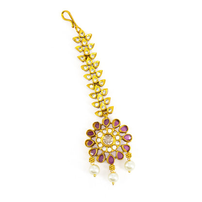 Gold Plated Red American Diamond Maang Tikka for Women