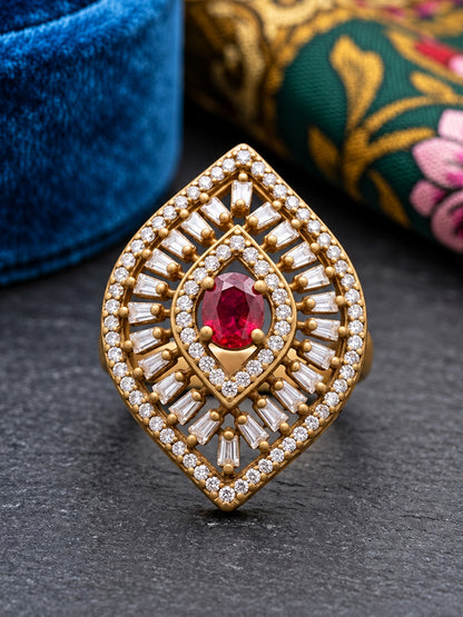 Antique Gold Plated Red AD Finger Ring for Women