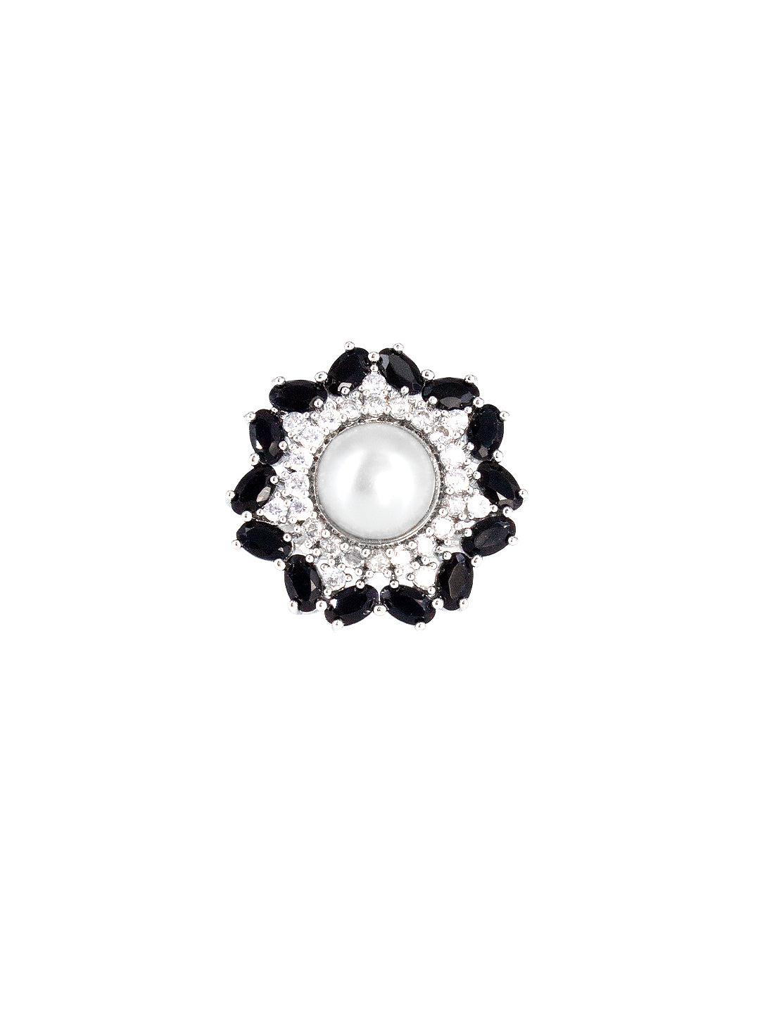 Silver Plated Black AD & Pearl Adjustable Ring
