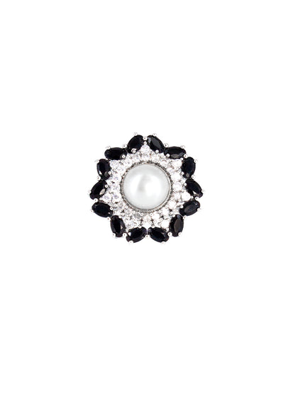 Silver Plated Black AD & Pearl Adjustable Ring