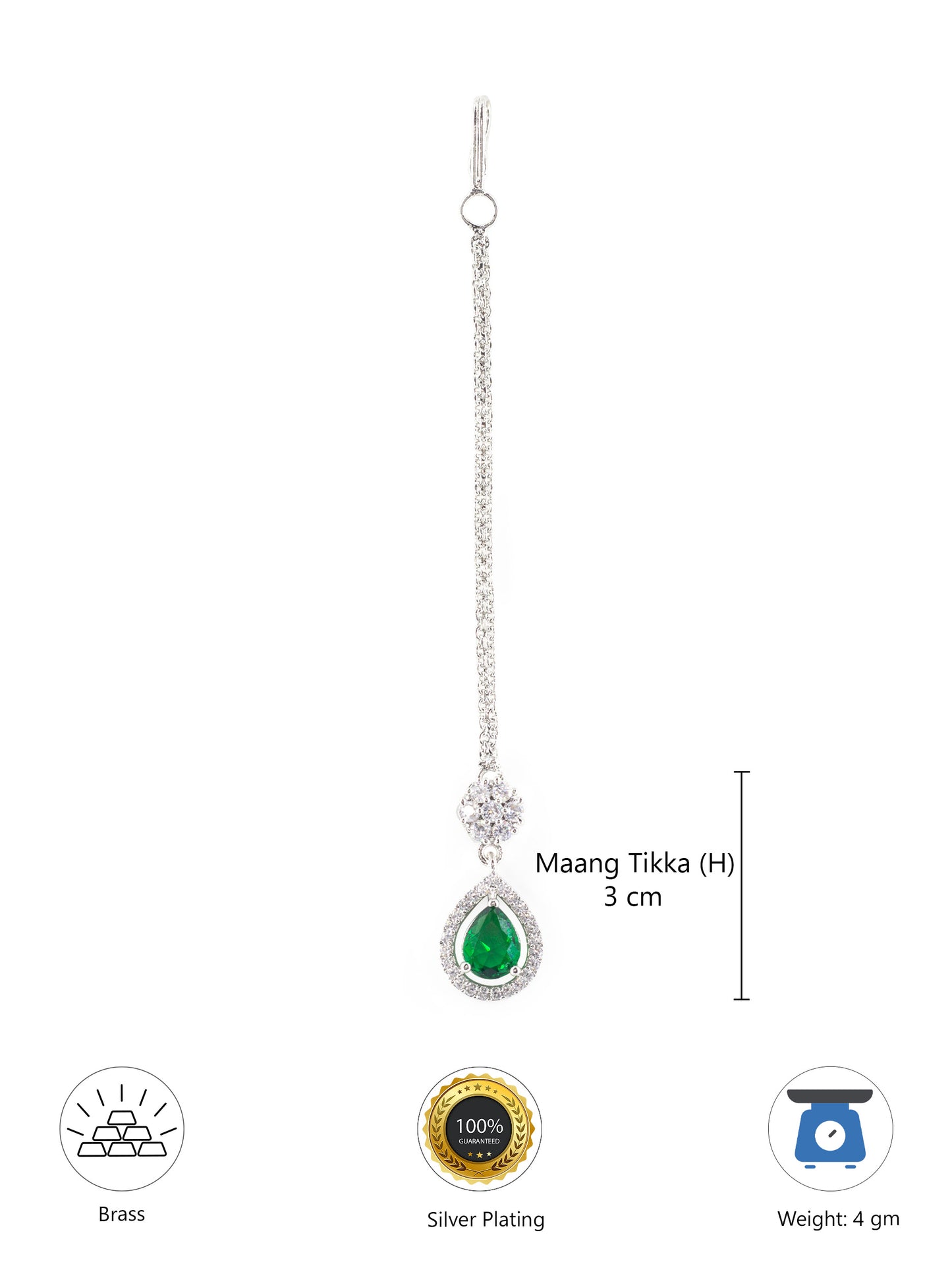 Rhodium Plated Green AD Teardrop Maang Tikka for Women