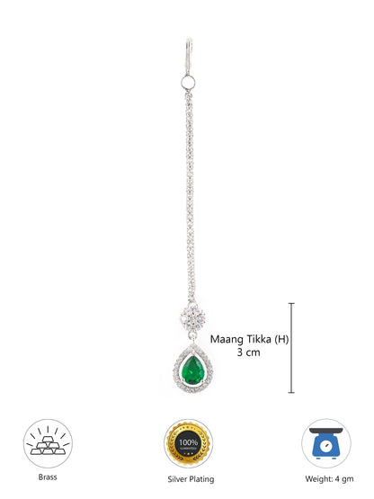 Rhodium Plated Green AD Teardrop Maang Tikka for Women