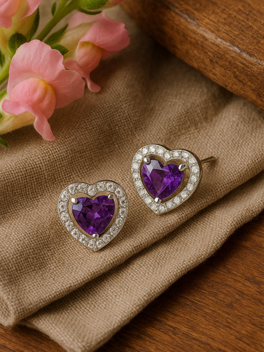 Silver Plated Purple American Diamond Heart Stud Earrings for Women
