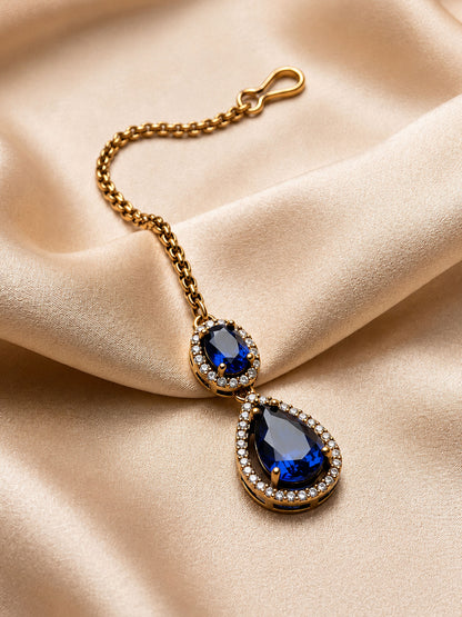 Antique Gold Plated Blue AD Maang Tikka for Women