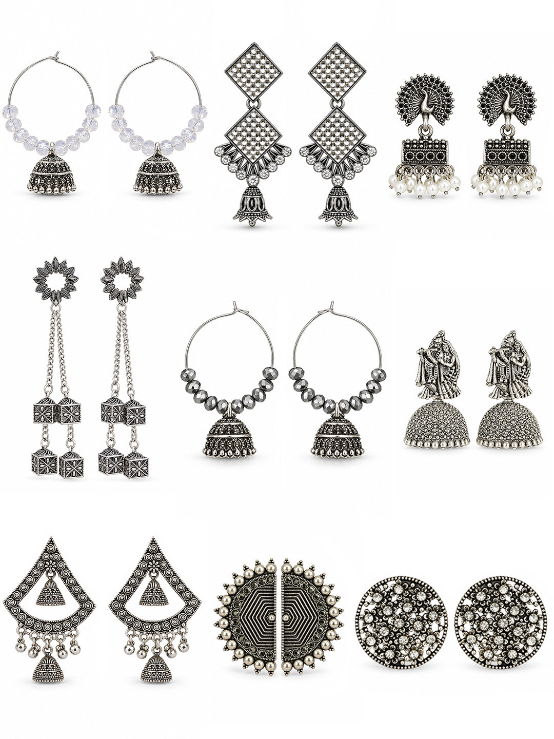 Set of 9 Silver Oxidised Jhumka Earrings for Women