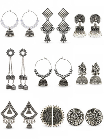Set of 9 Silver Oxidised Jhumka Earrings for Women
