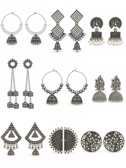 Set of 9 Silver Oxidised Jhumka Earrings for Women