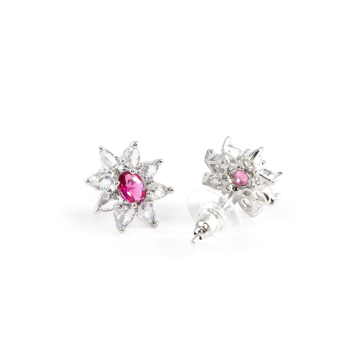 Rhodium Plated Red AD Floral Studs for Women