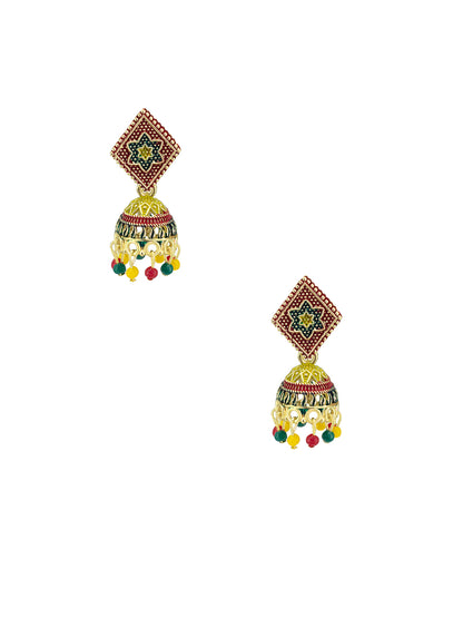 Gold Plated Floral Rhombus Multi Color Artificial Beaded Jhumki Earrings
