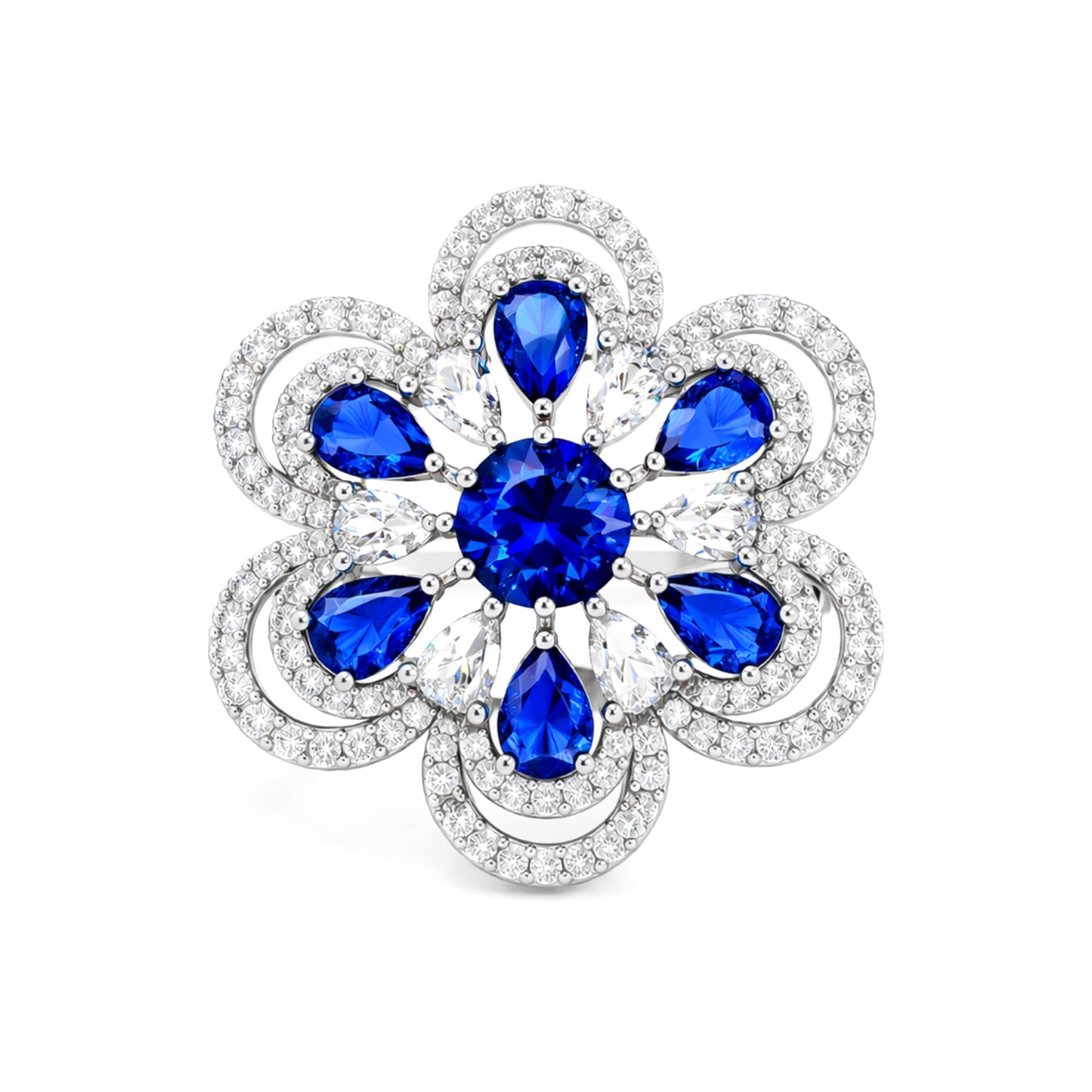 Silver Plated Blue Floral Finger Ring for Women