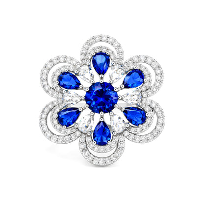 Silver Plated Blue Floral Finger Ring for Women