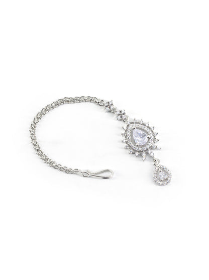Silver Plated White AD Drop Maang Tikka for Women
