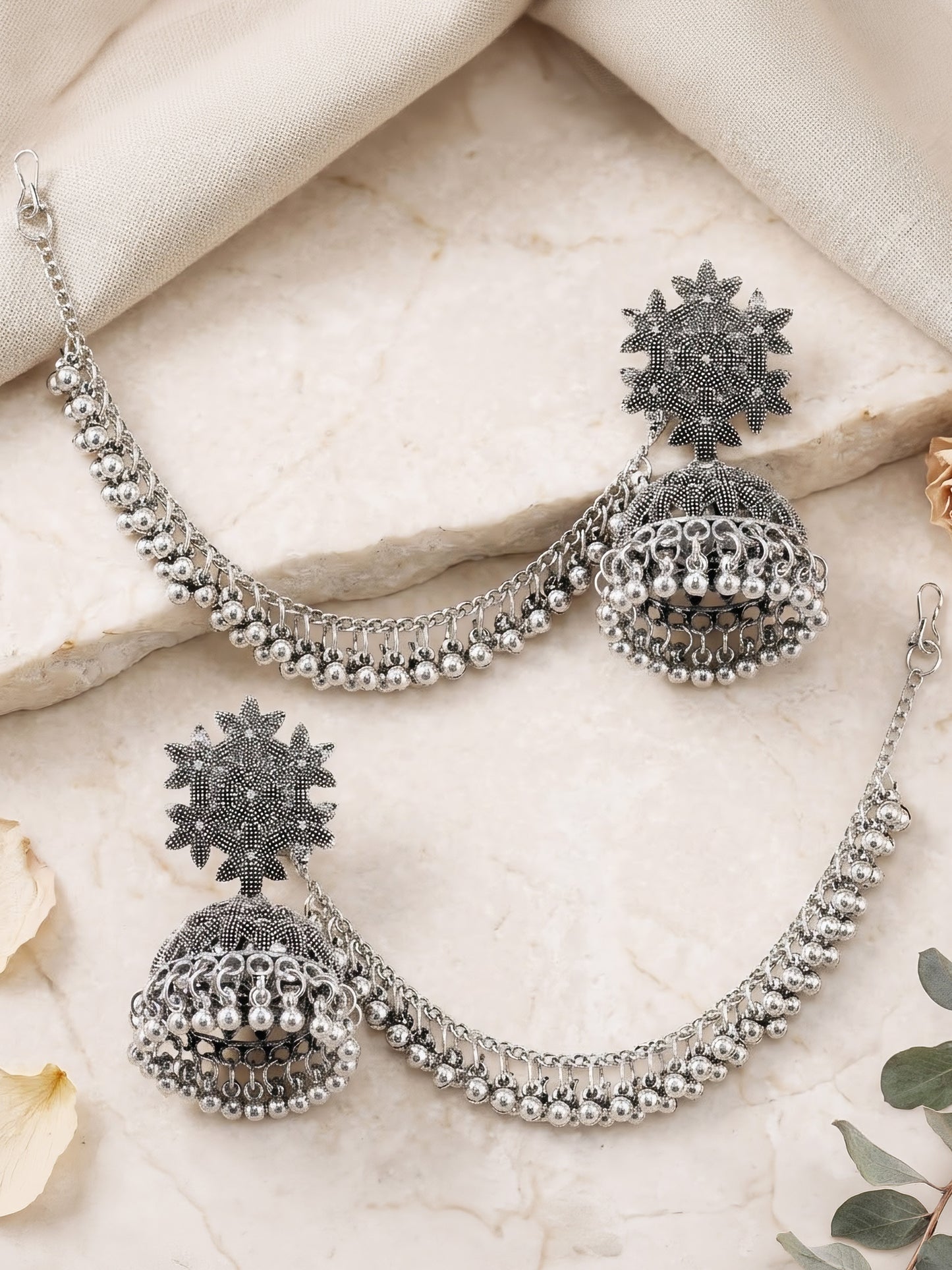 Silver Oxidised Floral Jhumka Earring with Chain for Women