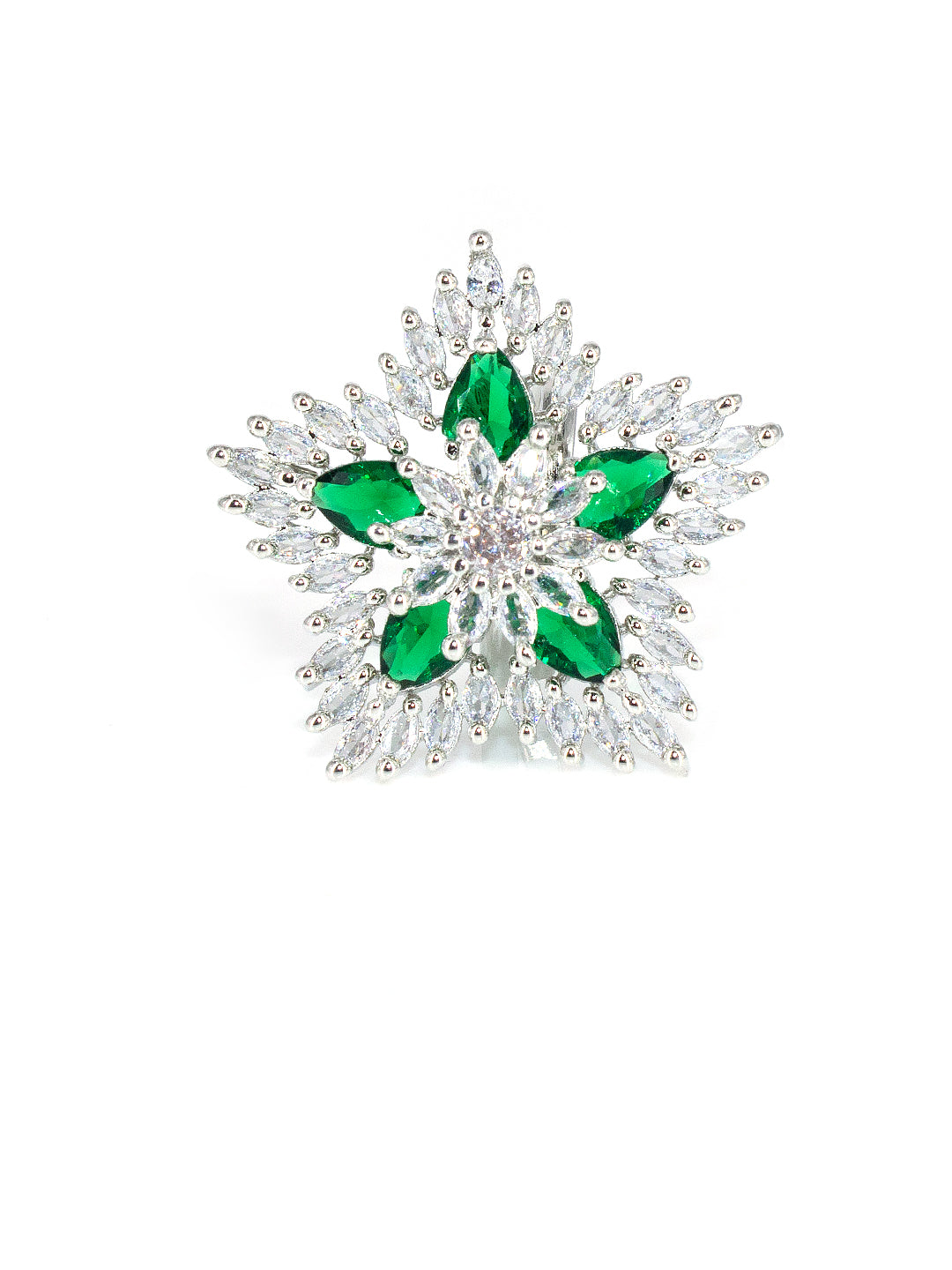 Silver-Plated American-Diamond Studded Floral Design Adjustable Finger Ring