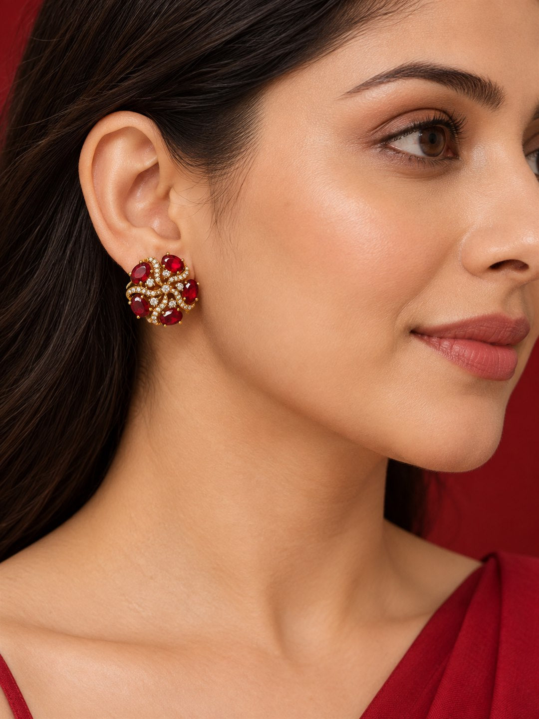 South Indian Gold Plated Red AD Floral Stud Earrings for Women