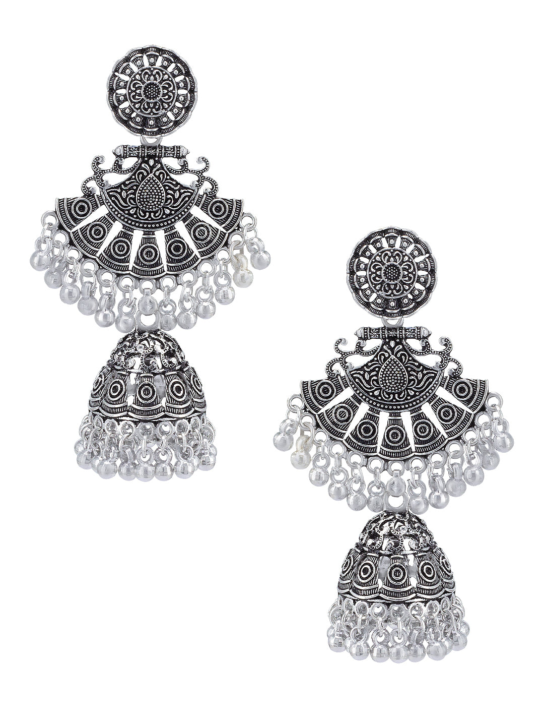 Silver Oxidised Artificial Beads Jhumka Earrings