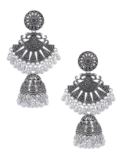 Silver Oxidised Artificial Beads Jhumka Earrings