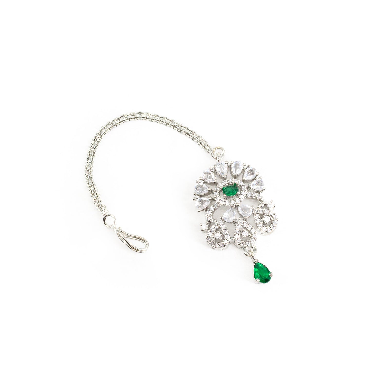 Silver Plated Green AD Maang Tikka for Women