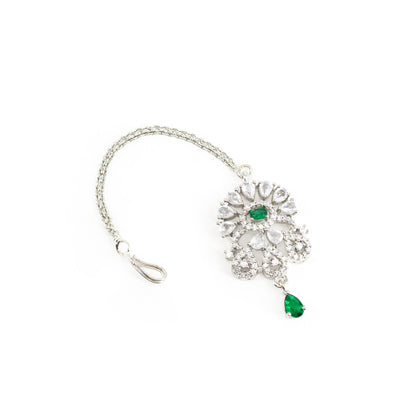 Silver Plated Green AD Maang Tikka for Women