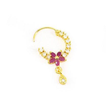 Gold Plated Red AD Floral Drop Nose Ring for Women